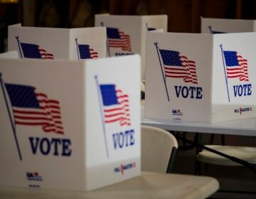 Voting booths are set up at a polling place in Newtown, Pa., Tuesday, April 23, 2024.