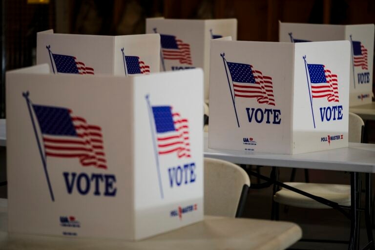 Voting booths are set up at a polling place in Newtown, Pa., Tuesday, April 23, 2024.