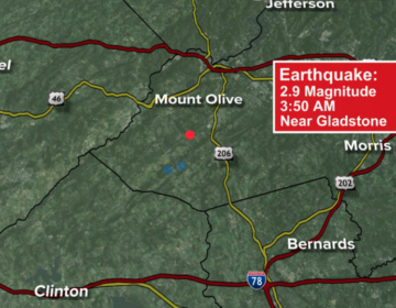 A map shows parts of New Jersey affected by an earthquake