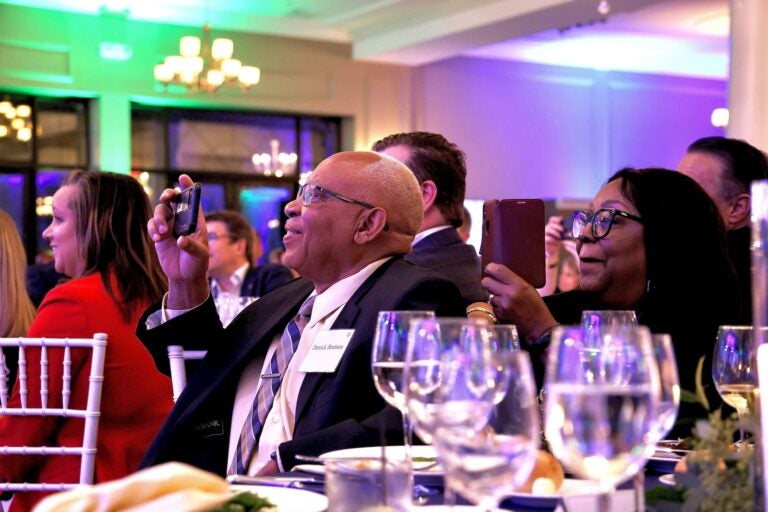 Quinta Brunson’s parents, Norma and Derrick Brunson watch as their daughter speaks after receiving Temple University’s Lew Klein Excellence in Media award.