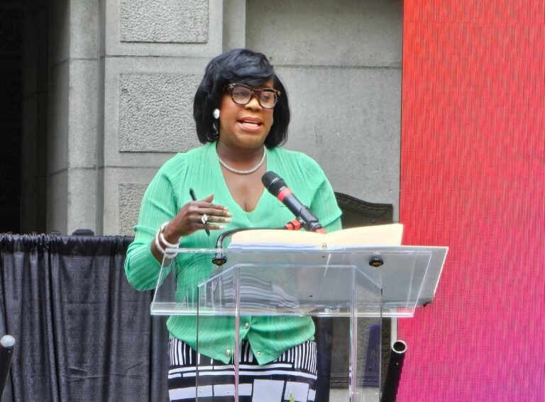 Cherelle Parker speaking at a press conference