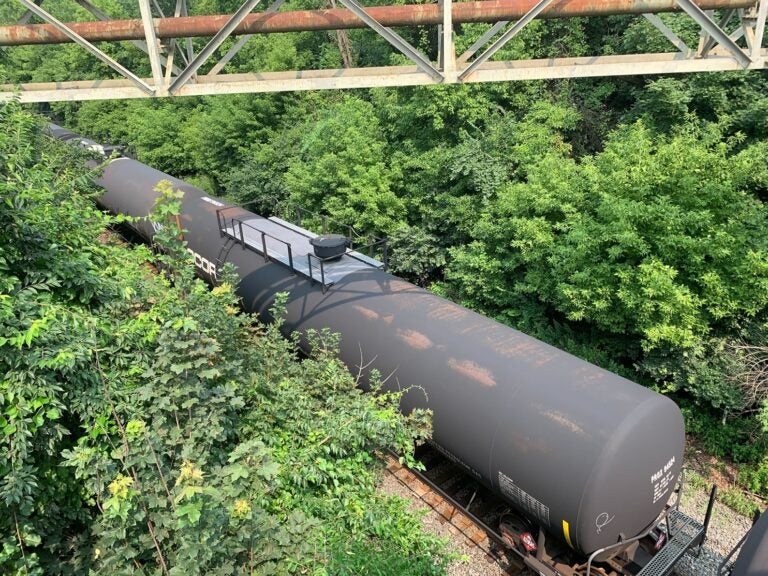 A section of a CSX train on tracks