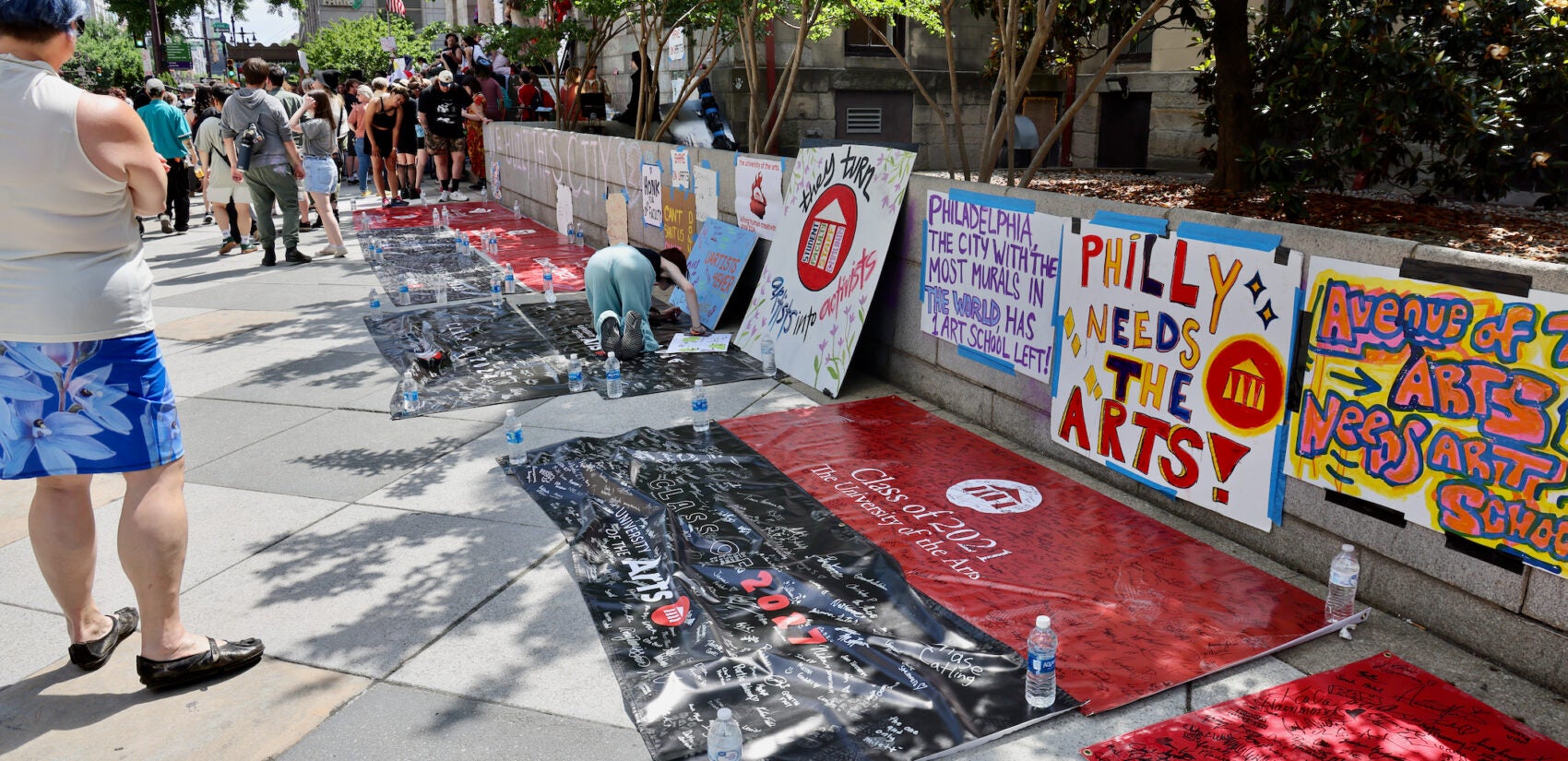 University of the Arts class banners are laid out on the sidewalk outside Hamilton Hall, where students, staff and faculty gathered to mark the school's last day.