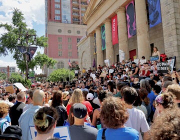 About 1,000 people gather on the steps of Hamilton Hall to mark the last day of the University of the Arts, which shut down suddenly due to undisclosed financial problems.