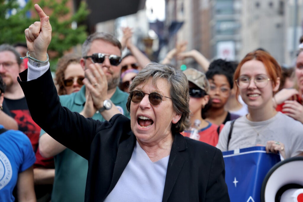 Randi Weingarten, president of the American Federation of Teachers, delivers a fiery speech to students and staff gathered to mark the last day of the University of the Arts.