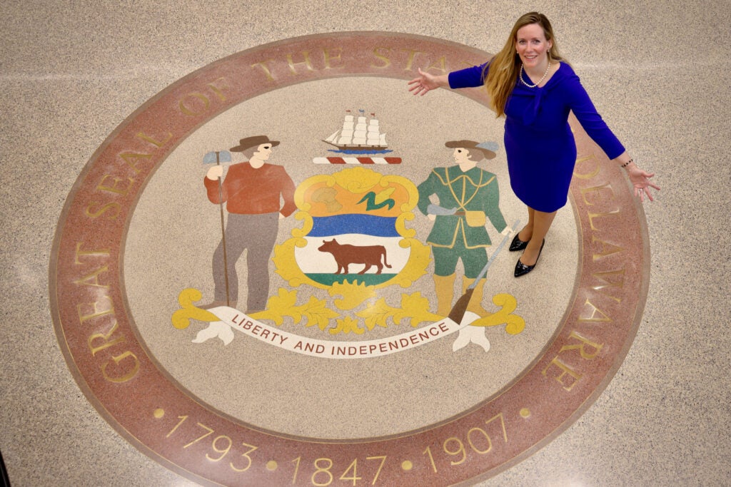 Delaware State Treasurer Colleen Davis stands in the Great Seal of the State of Delaware at her Wilmington office.