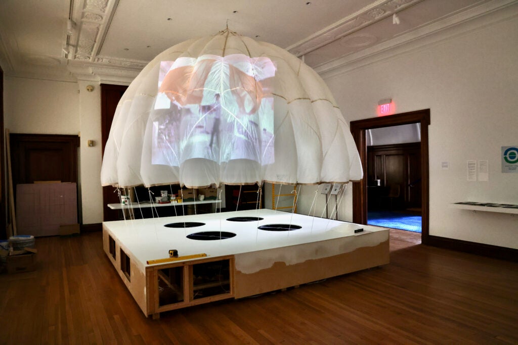 a piece in the Community of Images exhibit shows a jellyfish-like parachute tethered to a square stage