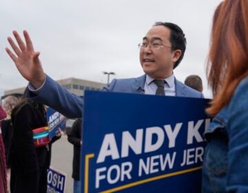 Rep. Andy Kim saying hi to supporters at a rally