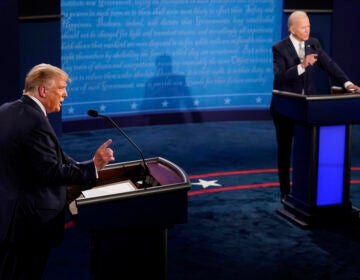 President Donald Trump and Democratic presidential candidate former Vice President Joe Biden debate during the first presidential debate Sept. 29, 2020, at Case Western University and Cleveland Clinic, in Cleveland