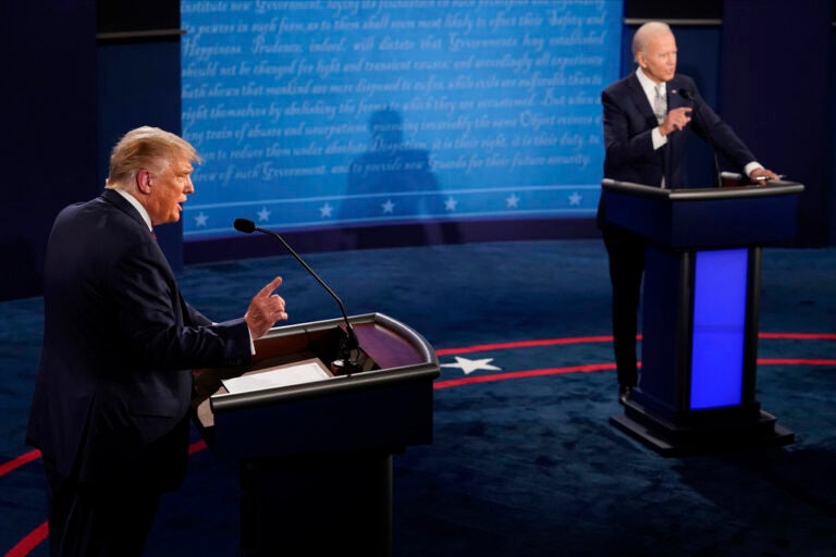 President Donald Trump and Democratic presidential candidate former Vice President Joe Biden debate during the first presidential debate Sept. 29, 2020, at Case Western University and Cleveland Clinic, in Cleveland