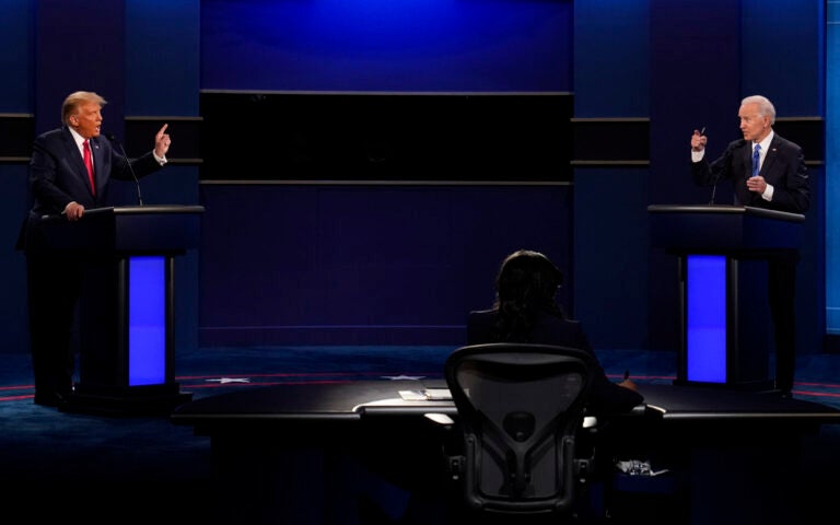 FILE - President Donald Trump, left, and Democratic presidential candidate former Vice President Joe Biden during the second and final presidential debate Oct. 22, 2020, at Belmont University in Nashville, Tenn. (AP Photo/Patrick Semansky, File)