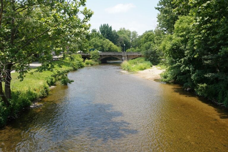 A view of a small creek with a bridge going over it.
