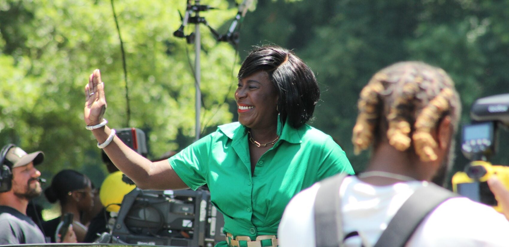 Philadelphia Mayor Cherelle Parker, the first Black woman elected to the role, served as the grand marshal for the Juneteenth Parade on June 16, 2024. (Cory Sharber/WHYY)