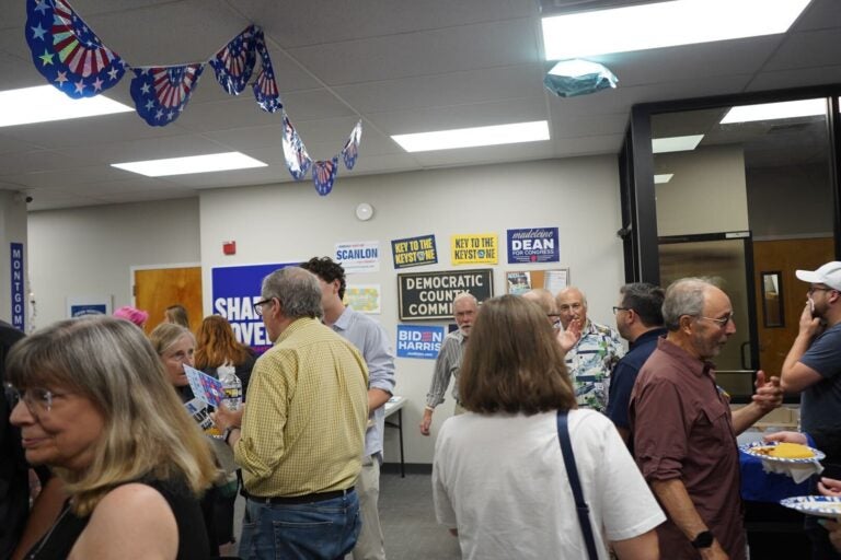 Attendees at the Montgomery County Democratic Committee headquarters' watch party (Kenny Cooper/WHYY)