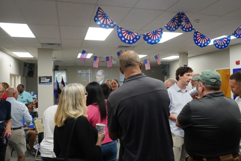 Attendees at the Montgomery County Democratic Committee headquarters' watch party (Kenny Cooper/WHYY)