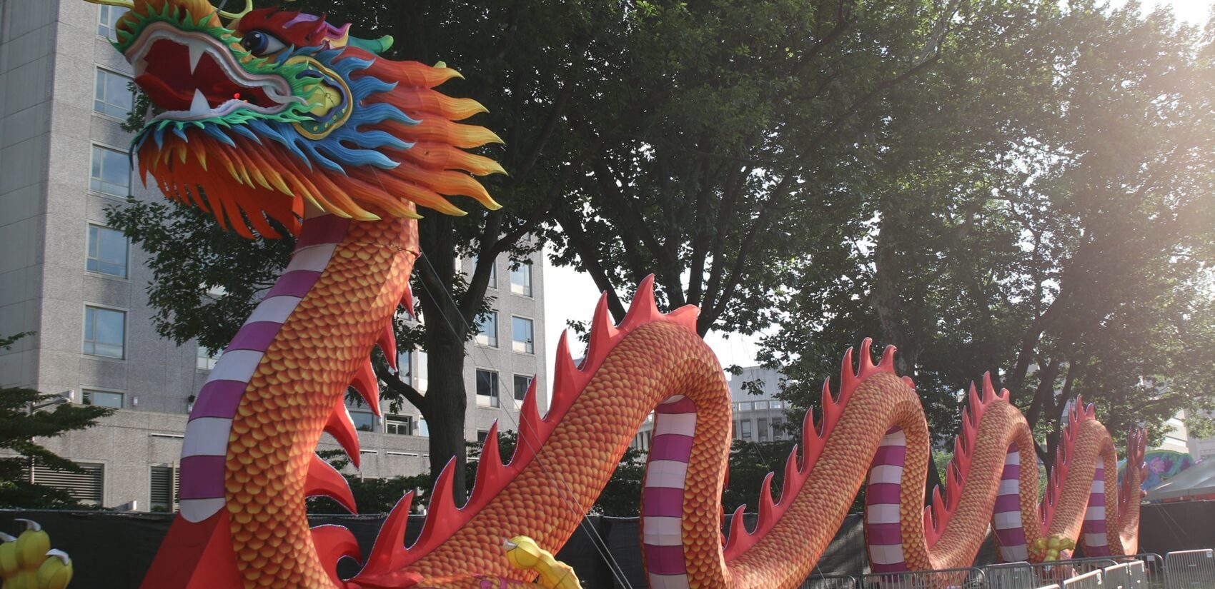 The 164-foot-long dragon is longer than three school buses and weighs 6,000 pounds. Standing at 21 feet high, the head was installed with a 15-person crew. More than 70 pieces make up this one lantern. (Cory Sharber/WHYY)