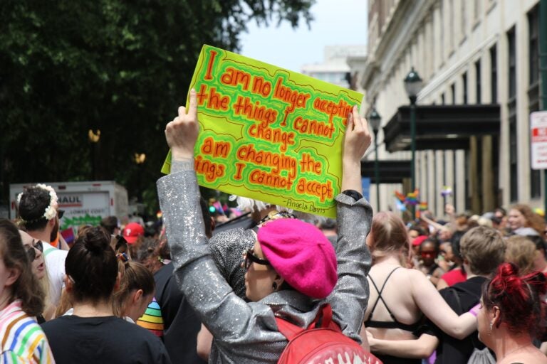 A sign at Philly Pride shares an Angela Davis quote