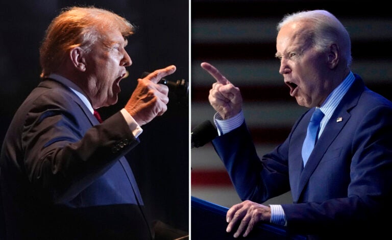 This combination of photos taken in Columbia, S.C. shows former President Donald Trump, left, on Feb. 24, 2024, and President Joe Biden on Jan. 27, 2024
