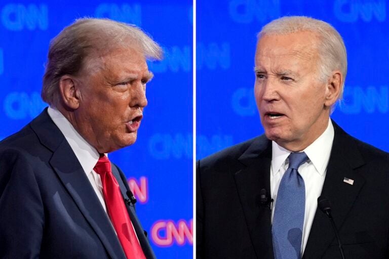 This combination of photos shows Republican presidential candidate former President Donald Trump, left, and President Joe Biden during a presidential debate hosted by CNN, Thursday, June 27, 2024, in Atlanta.