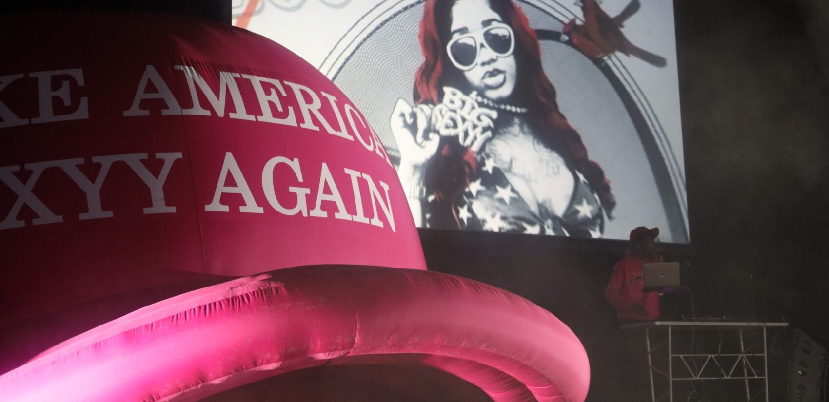 Sexyy Red's stage includes an inflatable hat reading Make America Sexyy Again
