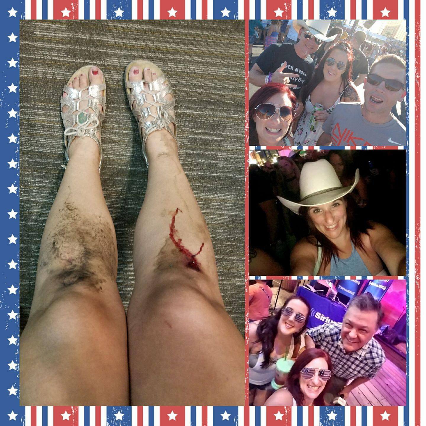 a collage shows A collage showing Clements' bloody knees and three pictures smiling with friends before the shooting