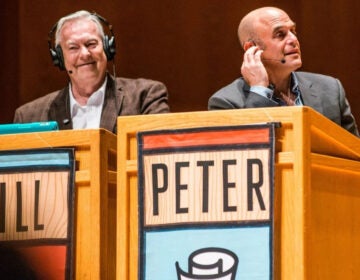 Bill Kurtis and Peter Sagal at a taping of 'Wait Wait...Don't Tell Me!'