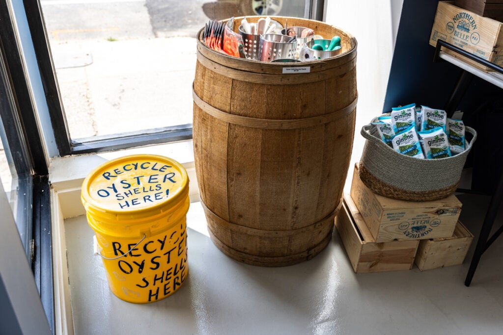 A bucket for recycling oyster shells