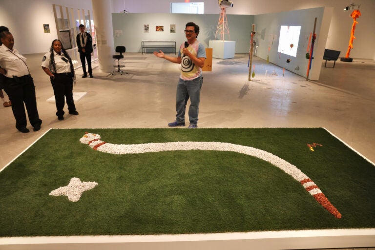 Curator Josh T. Franco talks about his exhibit at the Institute of Contemporary Art, tracing the lineage and legacy of yard art. (Emma Lee/WHYY)