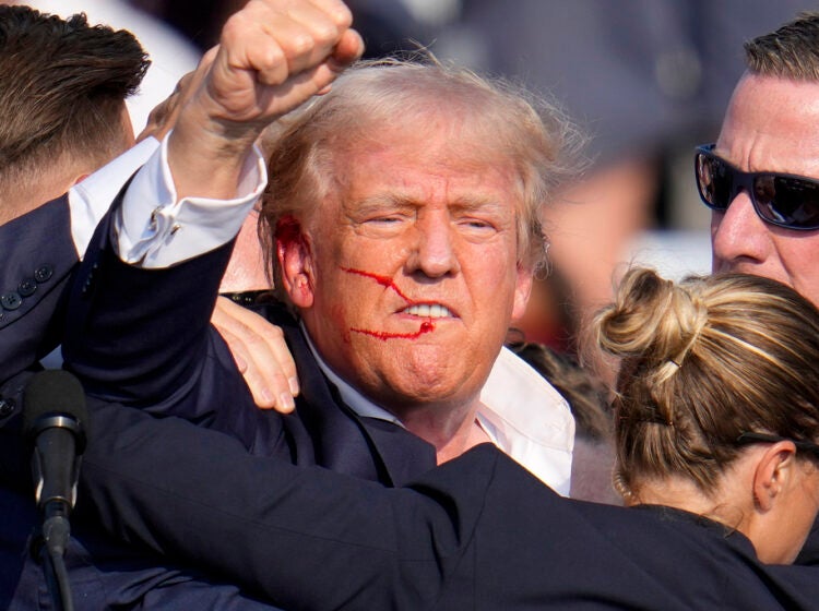 FILE - Republican presidential candidate former President Donald Trump reacts following an assassination attempt at a campaign event in Butler, Pa., on Saturday, July 13, 2024. Trump Media surged in the first day of trading, Monday, July 15, following the assassination attempt. (AP Photo/Gene J. Puskar, File)