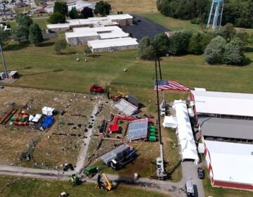 This aerial photo of the Butler Farm Show, site of the Saturday, July 13, 2024 Trump campaign rally, shown Monday, July 15, 2024 in Butler, Pa. (