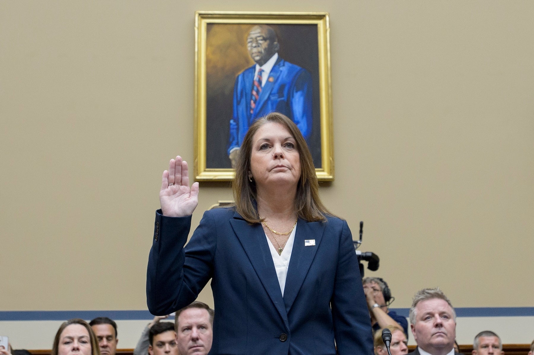 U.S. Secret Service Director Kimberly Cheatle is sworn in before the House Oversight and Accountability Committee about the attempted assassination of former President Donald Trump at a campaign event in Pennsylvania, at the Capitol in Washington, Monday, July 22, 2024.  (AP Photo/Rod Lamkey, Jr.)