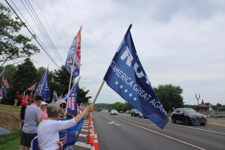 Dozens of Trump supporters waved flags and signs by the side of the road in Doylestown on July 20, 2024. (Emily Neil/WHYY)