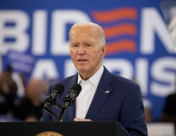 President Biden is seen speaking to supporters at a campaign event at Renaissance High School on July 12 in Detroit.