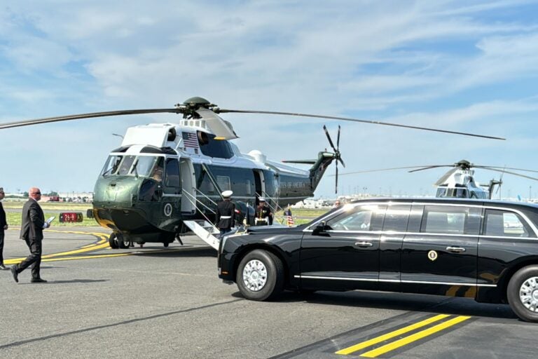 President Biden arrives at Philadelphia International Airport. (Carmen Russell-Sluchansky/WHYY)