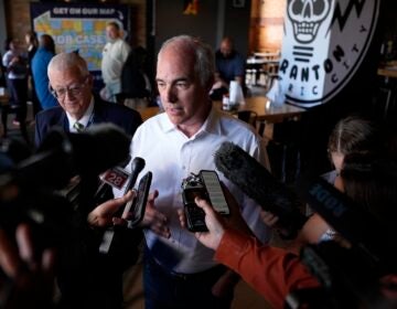 Sen. Bob Casey, D-Pa., speaks to reporters after a campaign event, Monday, July 1, 2024, in Scranton, Pa.