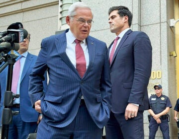 U.S. Sen. Bob Menendez, D-N.J., center, leaves federal court following the day's proceedings in his bribery trial, Tuesday, July 16, 2024, in New York. Menendez has been convicted of all the charges he faced at his corruption trial, including accepting bribes of gold and cash from three New Jersey businessmen and acting as a foreign agent for the Egyptian government. (AP Photo/Larry Neumeister)