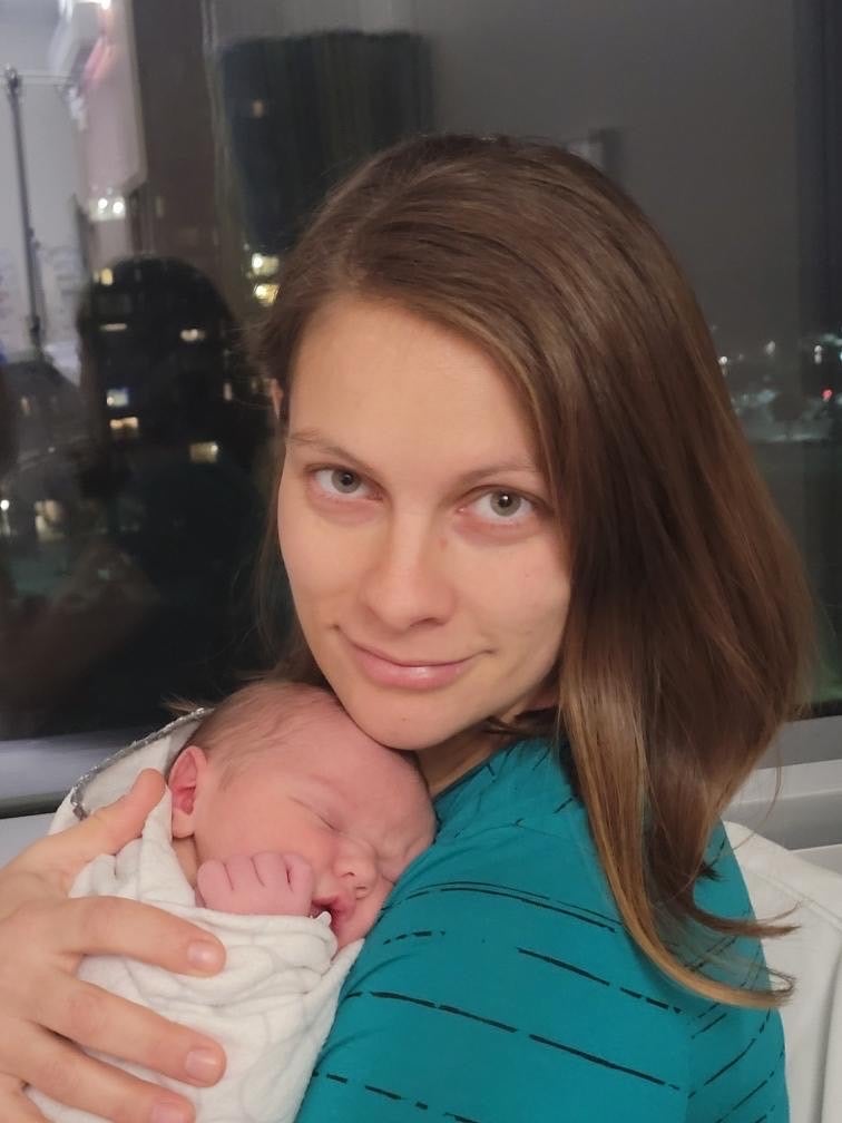 Katie Seley and a baby, Conrad Sheils