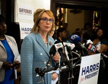 Former U.S. Rep. Gabby Giffords speaks during a campaign event for Vice President Kamala Harris, Thursday, July 25, 2024 in Philadelphia. (AP Photo/Joe Lamberti)