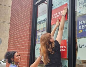 Workers put Harris campaign signs on a window