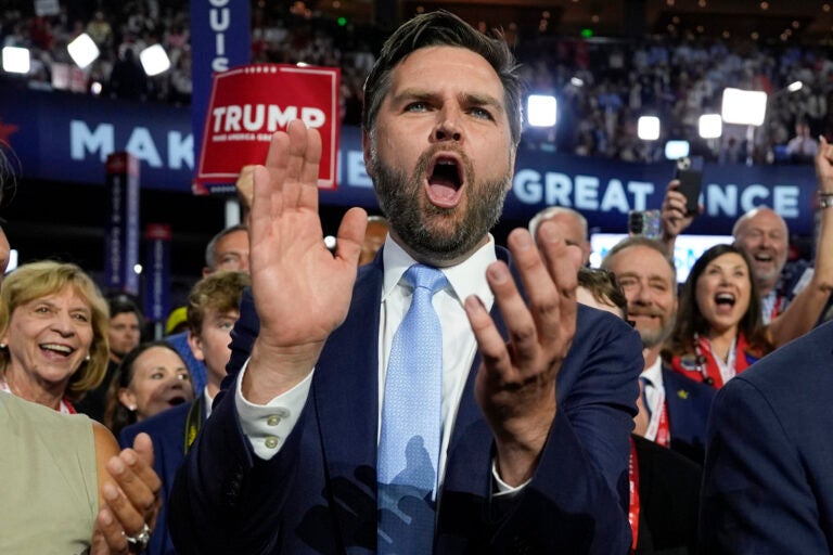 Republican vice presidential candidate Sen. J.D. Vance, R-Ohio, arrives on the floor during the first day of the 2024 Republican National Convention at the Fiserv Forum, Monday, July 15, 2024, in Milwaukee. (AP Photo/Carolyn Kaster)