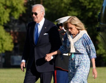 FILE - President Joe Biden, left, and first lady Jill Biden hold hands as they arrive at Fort Lesley J. McNair, Monday, July 1, 2024, in Washington. President Joe Biden dropped out of the 2024 race for the White House on Sunday, July 21, ending his bid for reelection following a disastrous debate with Donald Trump that raised doubts about his fitness for office just four months before the election. (AP Photo/Jacquelyn Martin, File)