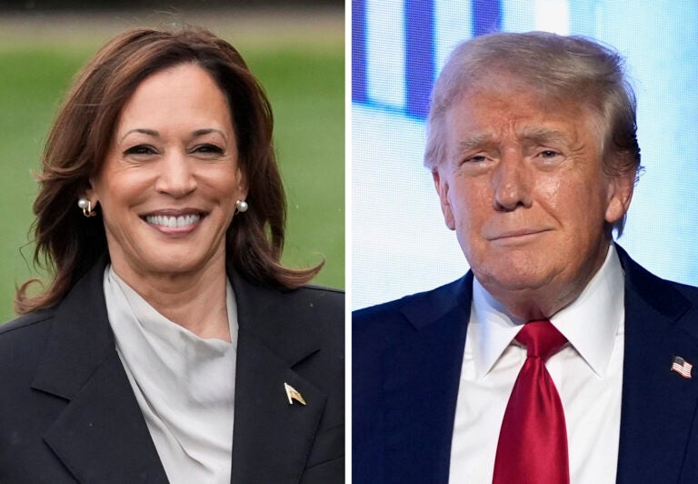 This combination photo shows Vice President Kamala Harris, left, at the White House in Washington, July 22, 2024, and Republican presidential candidate former President Donald Trump at an event July 26, 2024, in West Palm Beach, Fla. (