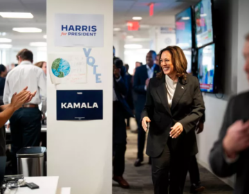 Vice President Harris greets staff at campaign headquarters in Wilmington, Del.