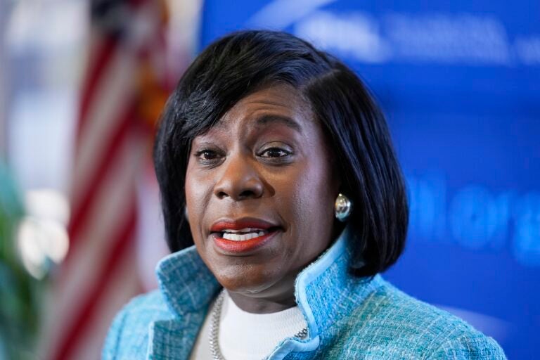 Philadelphia Mayor Cherelle Parker speaks at Philadelphia International Airport, Feb. 16, 2024, in Philadelphia.