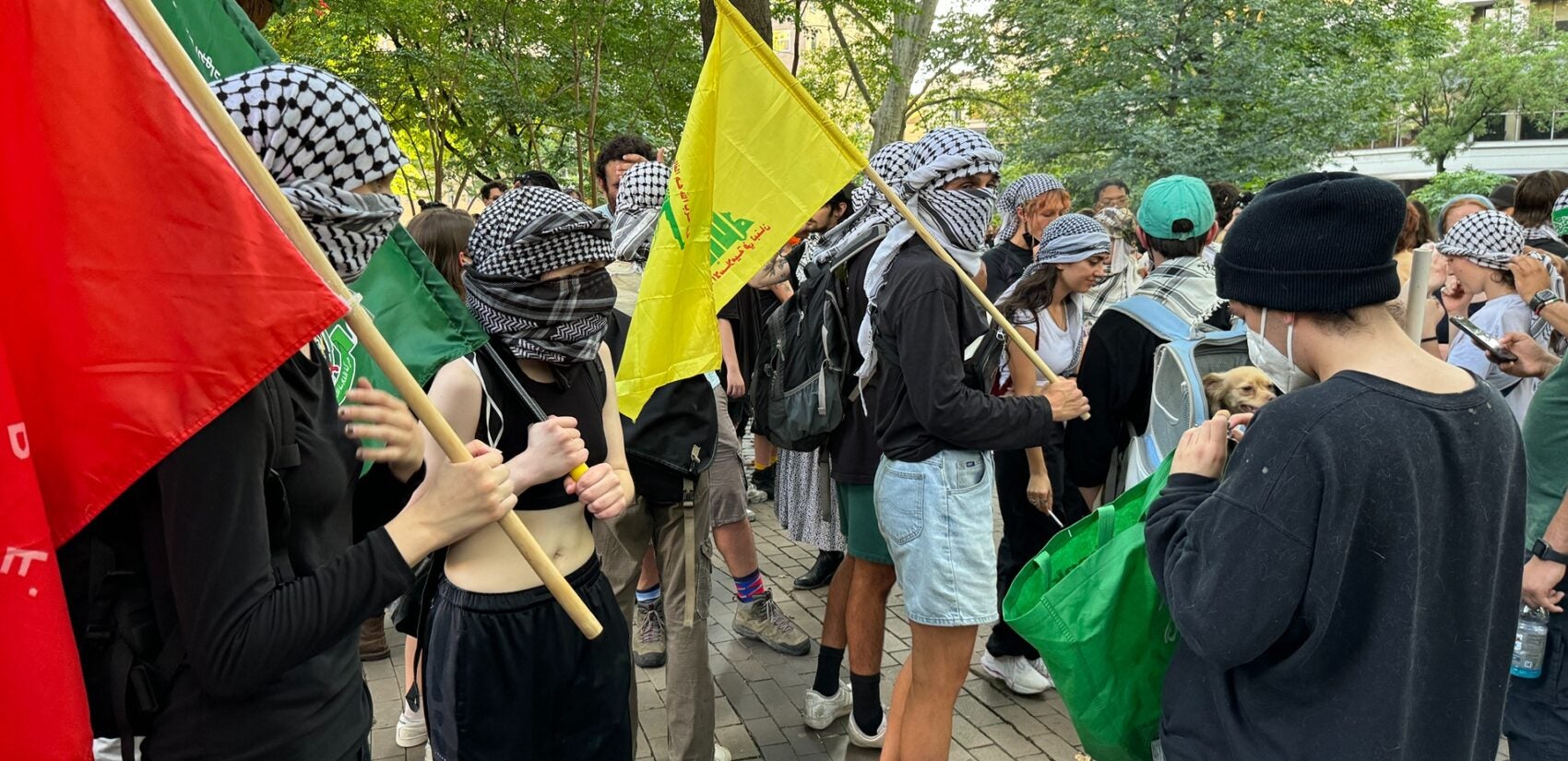 Hundreds rally at Rittenhouse Square on Thursday to condemn Israel’s Gaza occupation and demand an immediate cease-fire before marching to Center City. (Carmen Russell-Sluchansky)