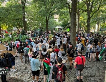 Hundreds rally at Rittenhouse Square on Thursday to condemn Israel’s Gaza occupation and demand an immediate cease-fire before marching to Center City. (Carmen Russell-Sluchansky)