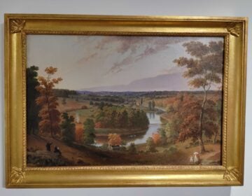 Russell Smith's painting shows four people and a house on a hill near the Hudson River