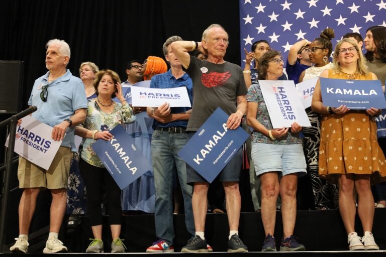 Supporters listen to Gov. Josh Shapiro and Gov. Gretchen Whitmer of Michigan at a campaign event in Montgomery County for Kamala Harris in Ambler, Pa. (Carmen Russell-Sluchansky)