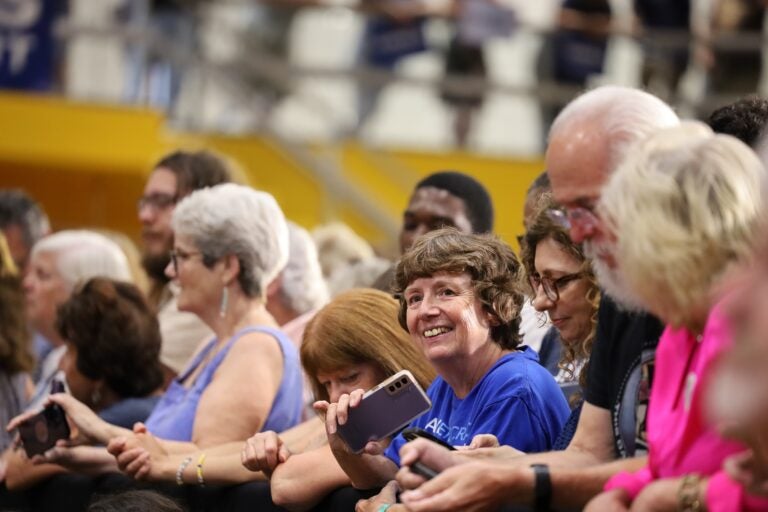 Supporters listen to Gov. Josh Shapiro and Gov. Gretchen Whitmer of Michigan at a campaign event in Montgomery County for Kamala Harris in Ambler, Pa. (Carmen Russell-Sluchansky)