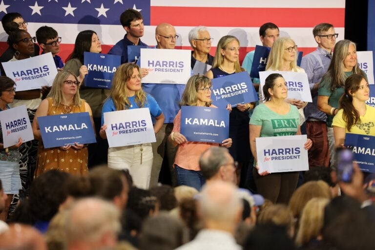 Supporters listen to Gov. Josh Shapiro and Gov. Gretchen Whitmer of Michigan at a campaign event in Montgomery County for Kamala Harris in Ambler, Pa. (Carmen Russell-Sluchansky)